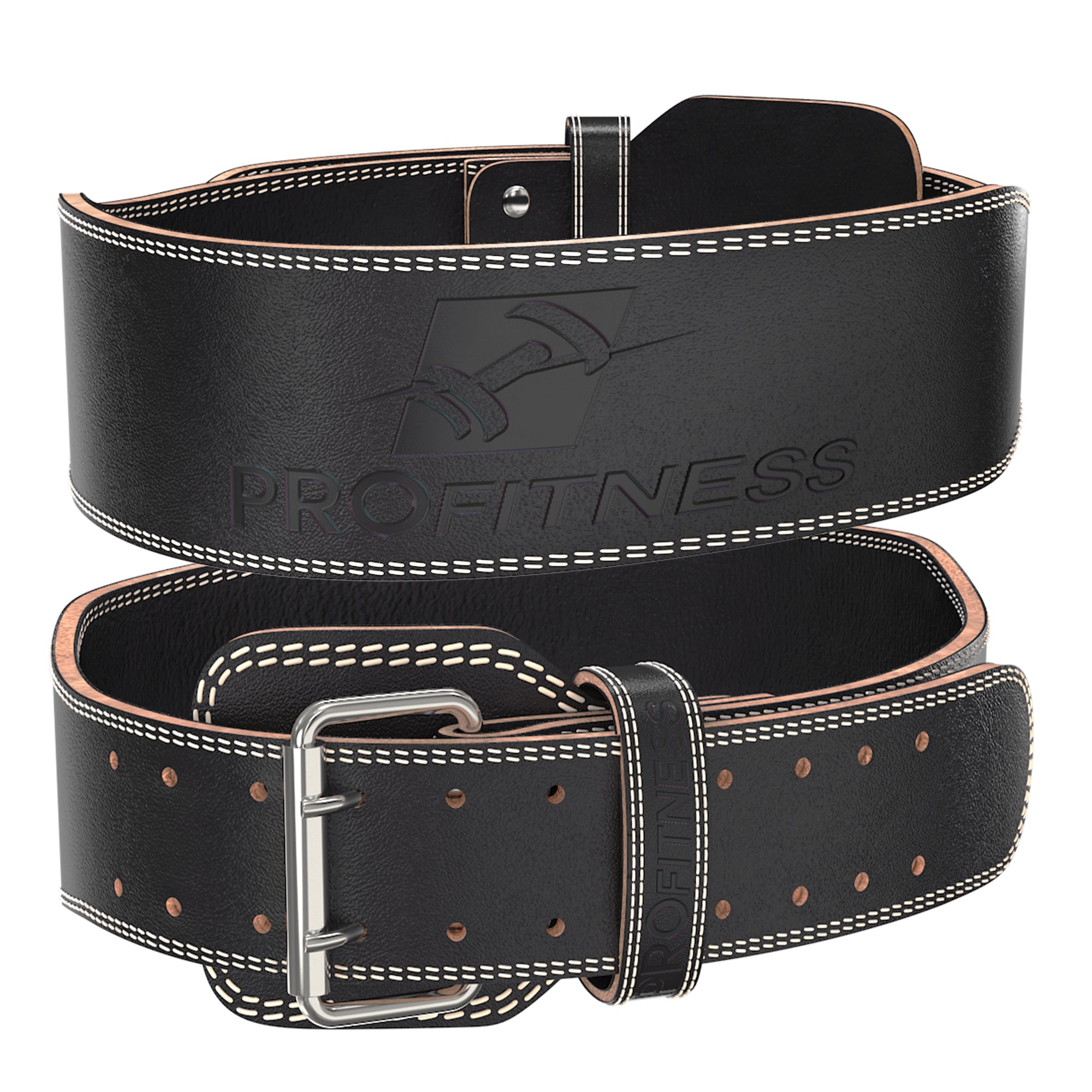 Black leather weightlifting belt with 'PROfitness' logo in front.